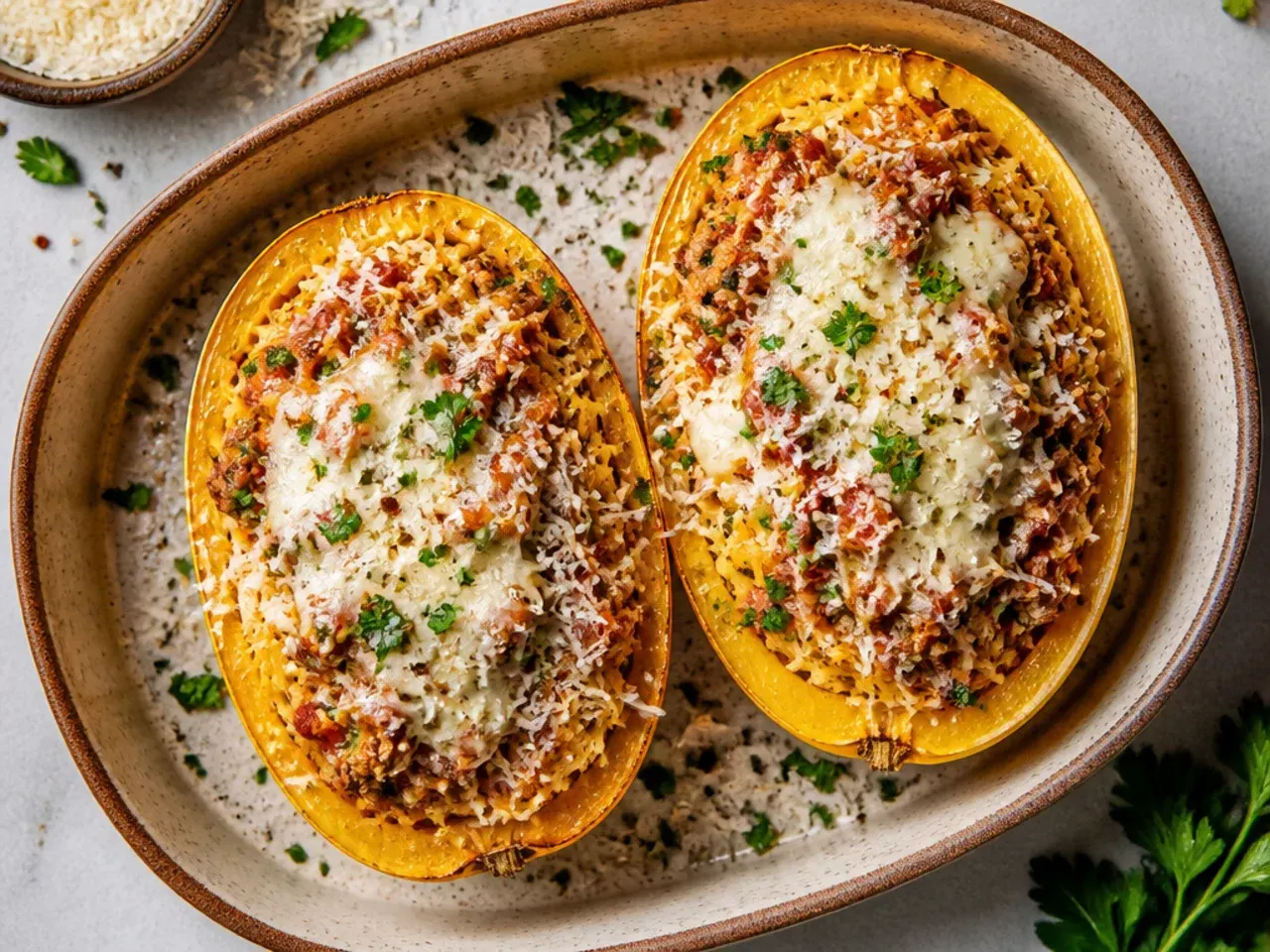 Spaghetti squash halves roasting cut-side down on a lined baking sheet