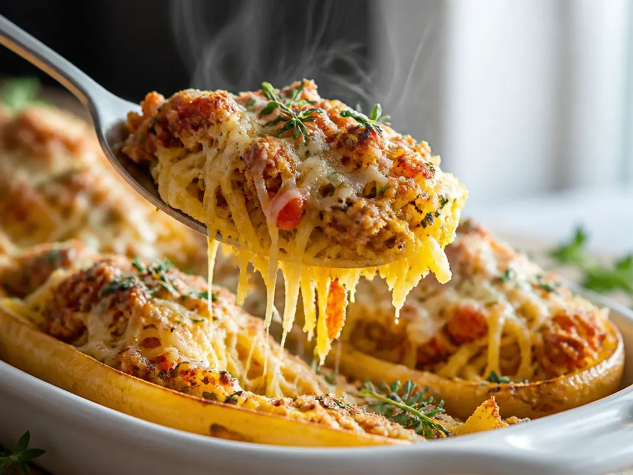 A fork testing the doneness of roasted spaghetti squash flesh