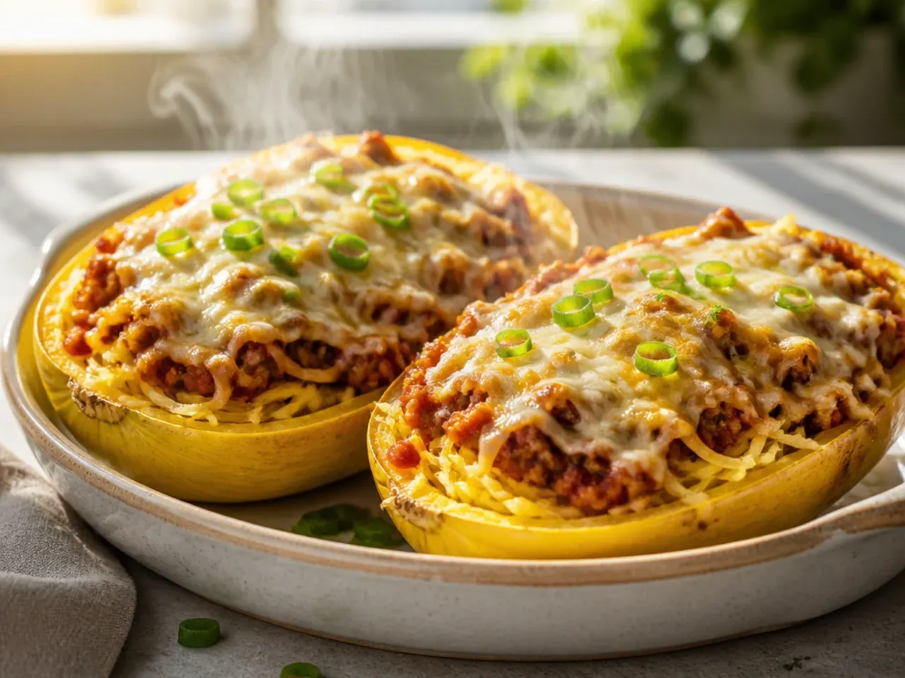Roasted spaghetti squash halves resting cut-side up on a baking sheet