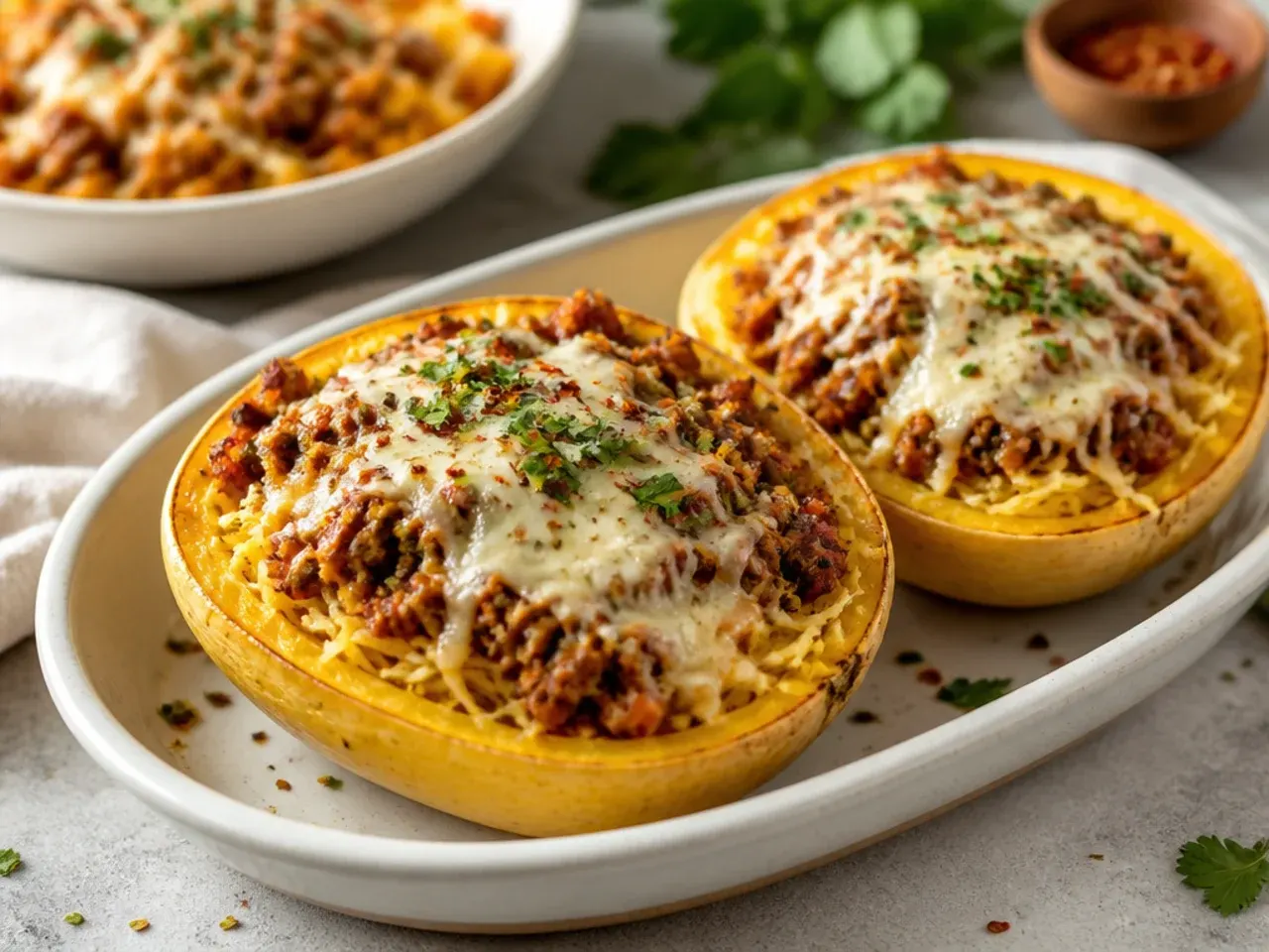 Stuffed spaghetti squash halves nestled snugly into a baking dish for support