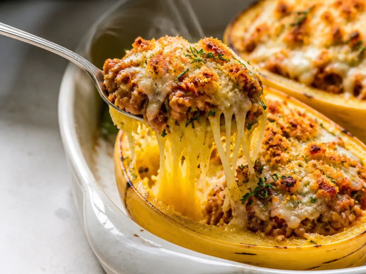 Filling mounded neatly to the rim of a spaghetti squash shell before baking