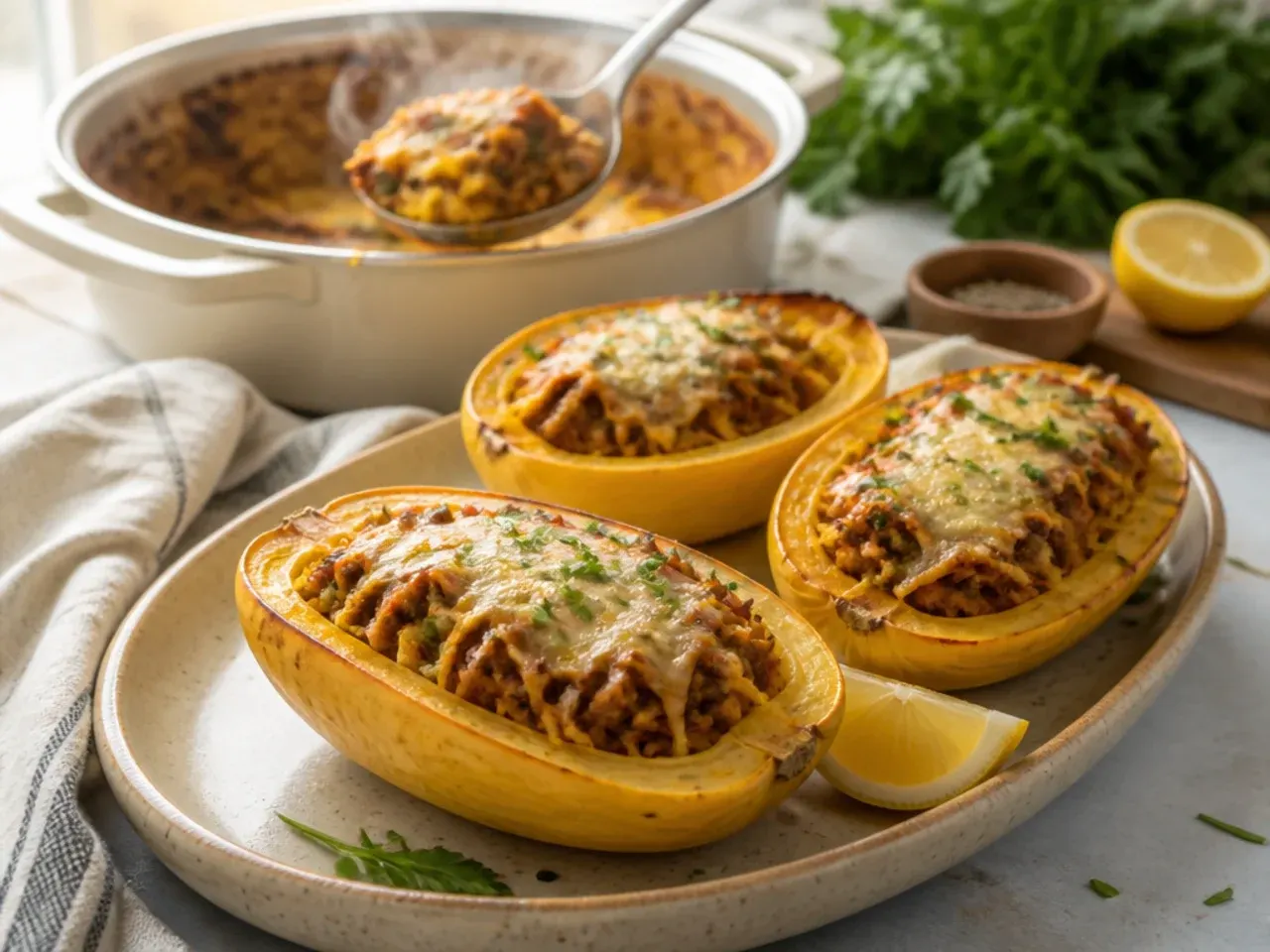 Stuffed spaghetti squash filling being packed into a freezer-safe container