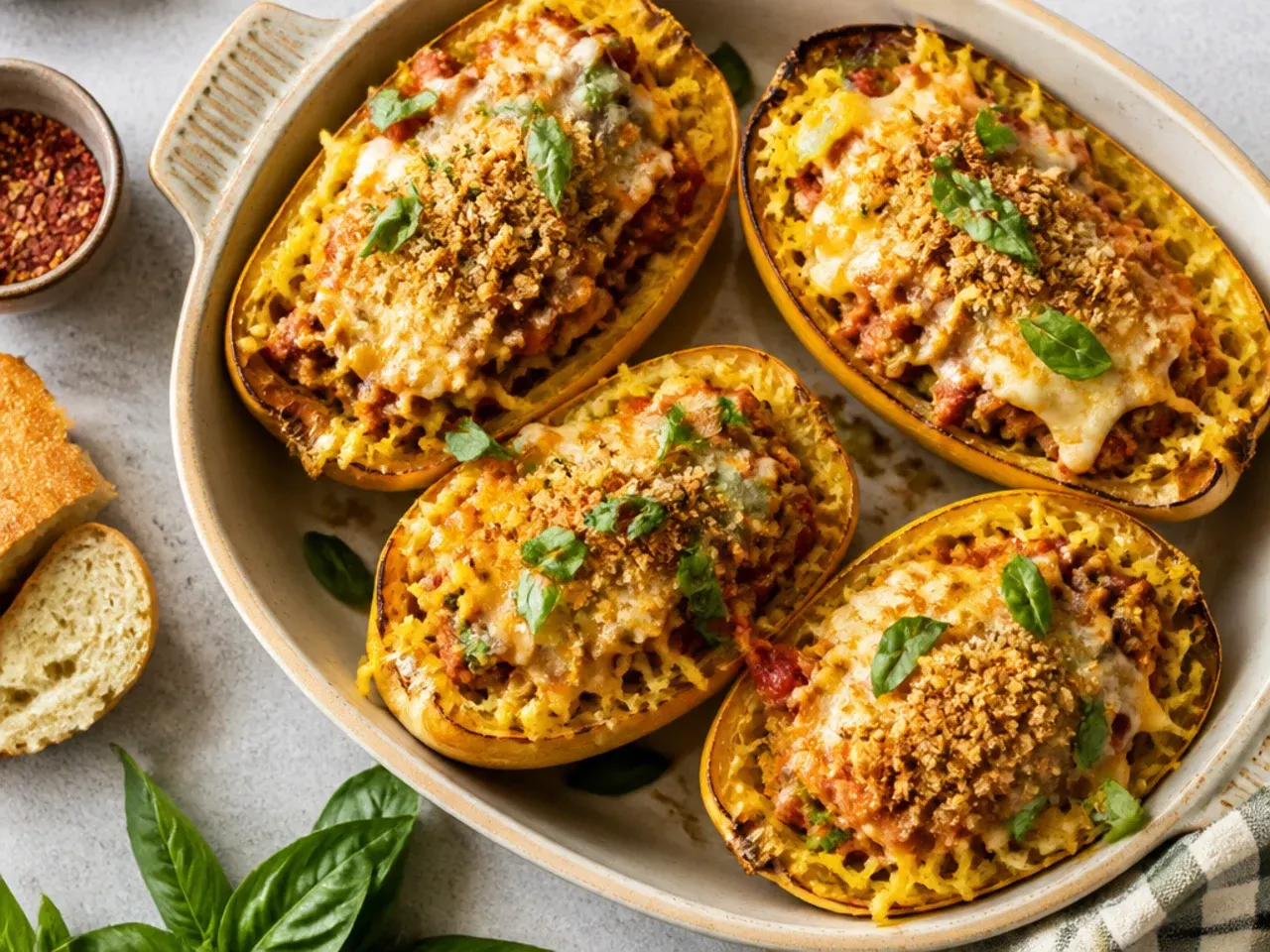Spaghetti squash halves lifted cleanly off a parchment-lined baking sheet