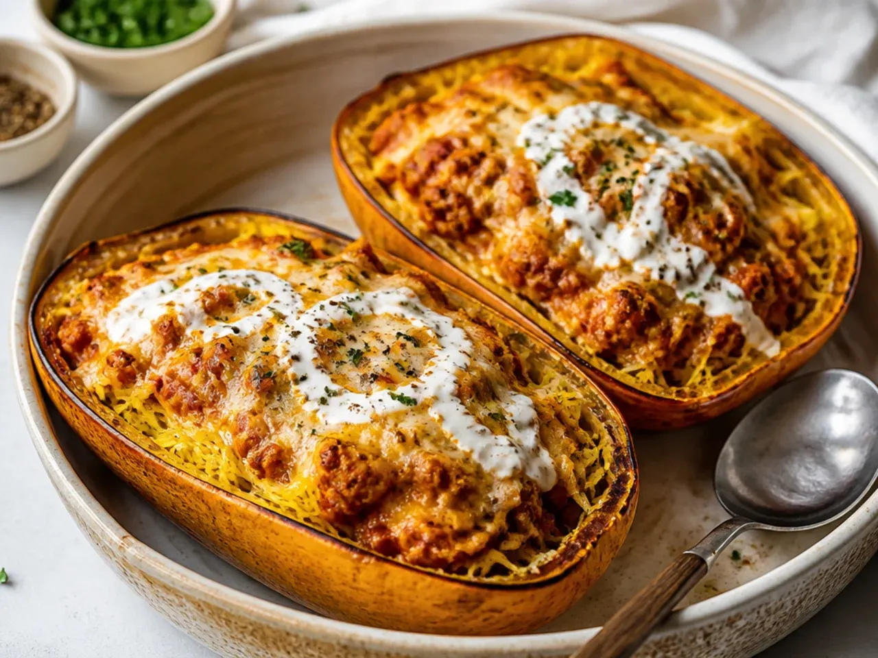 Golden, bubbling cheese on top of a freshly baked stuffed spaghetti squash