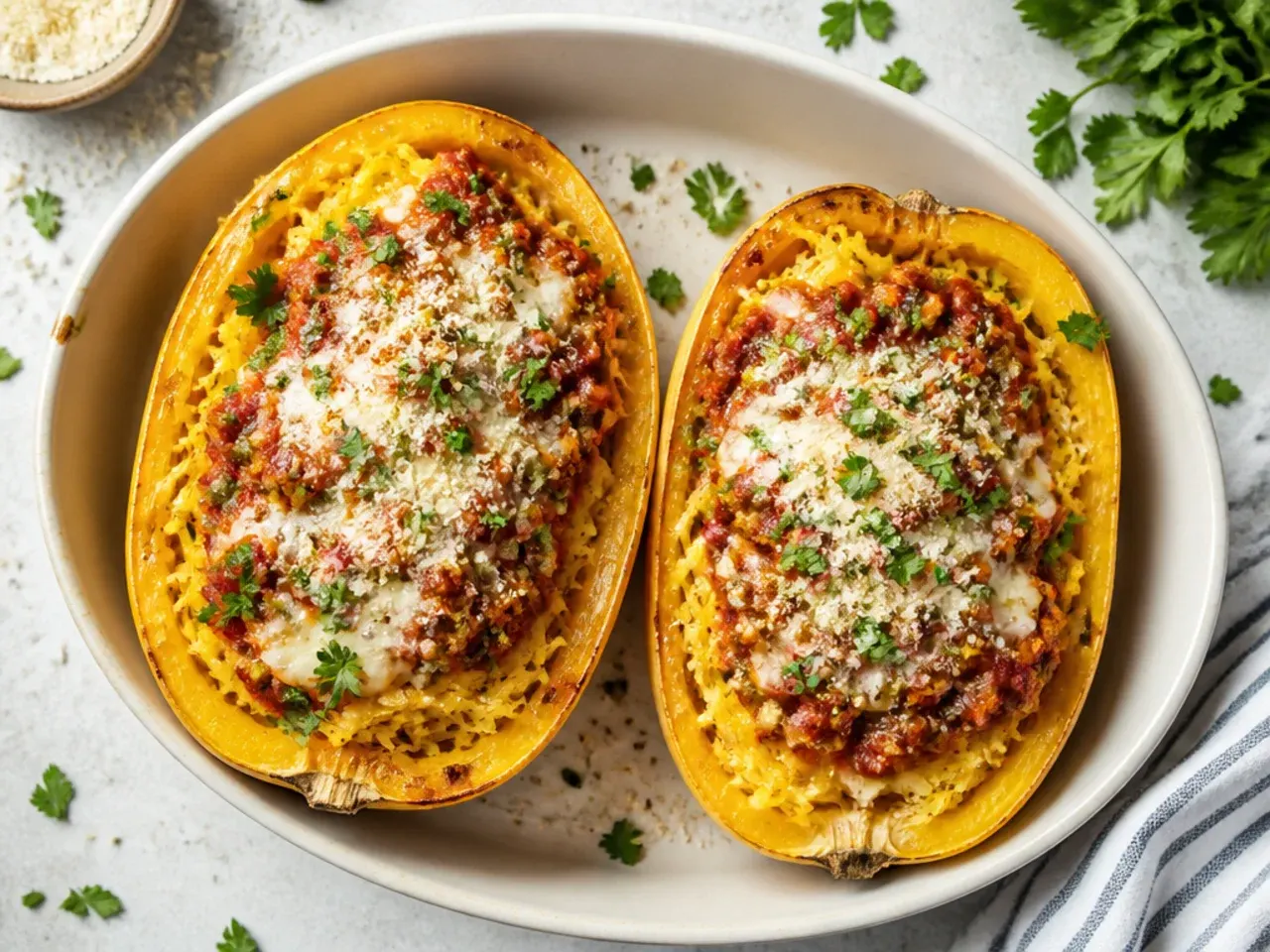 A leftover stuffed spaghetti squash portion covered in foil in the oven