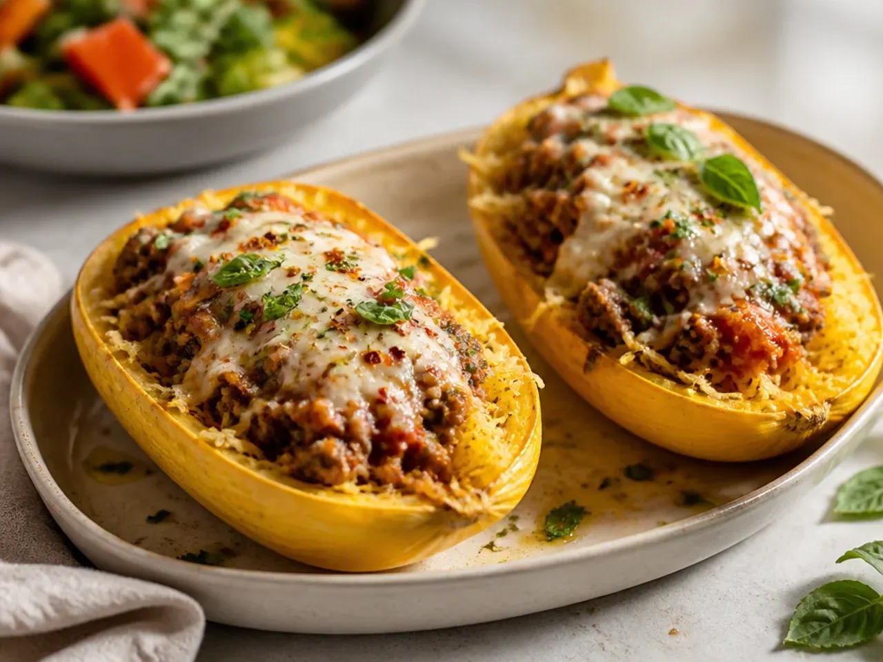 A single stuffed spaghetti squash half plated as one full dinner serving