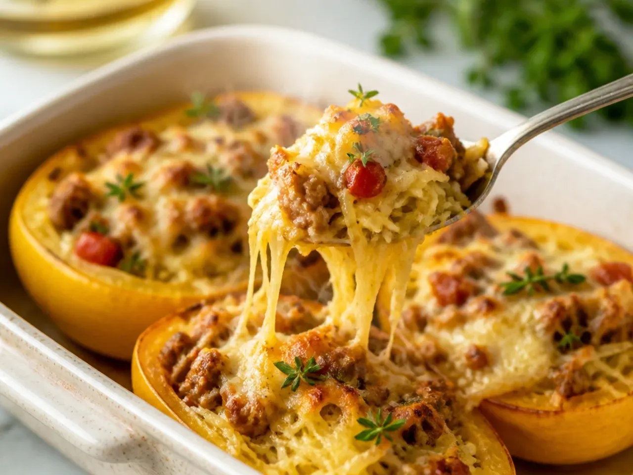 A phone notes app open next to a finished stuffed spaghetti squash dinner