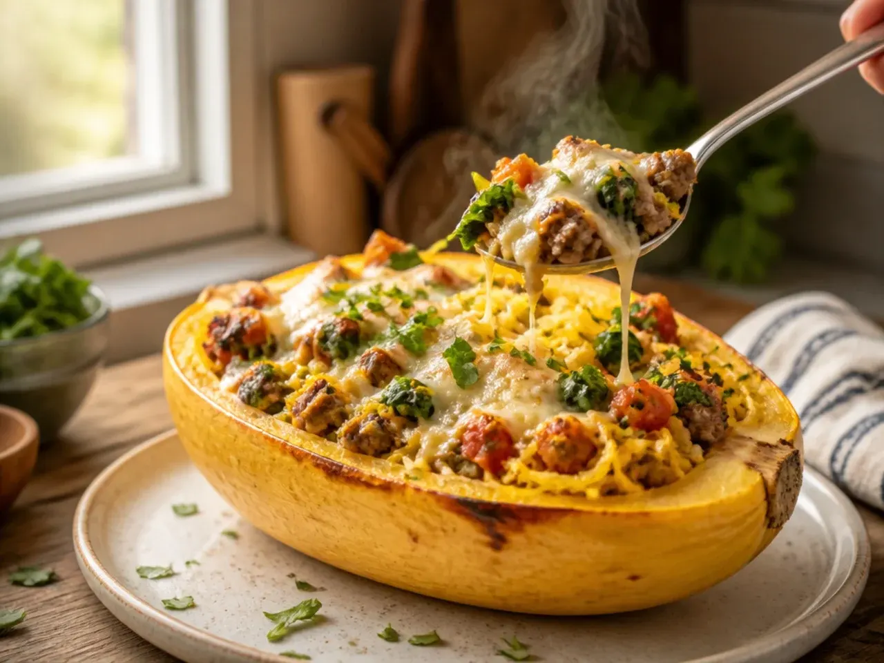 A finished sausage and cheese stuffed spaghetti squash sliced open on a dinner plate