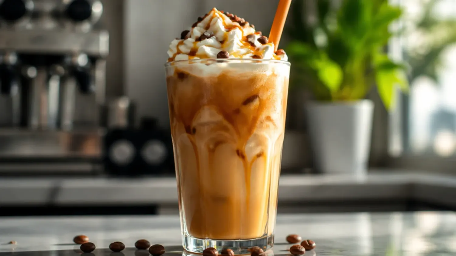 A tall glass of iced sugar free vanilla coffee with a milk swirl, surrounded by smaller copycat Dunkin-style drinks on a wooden table