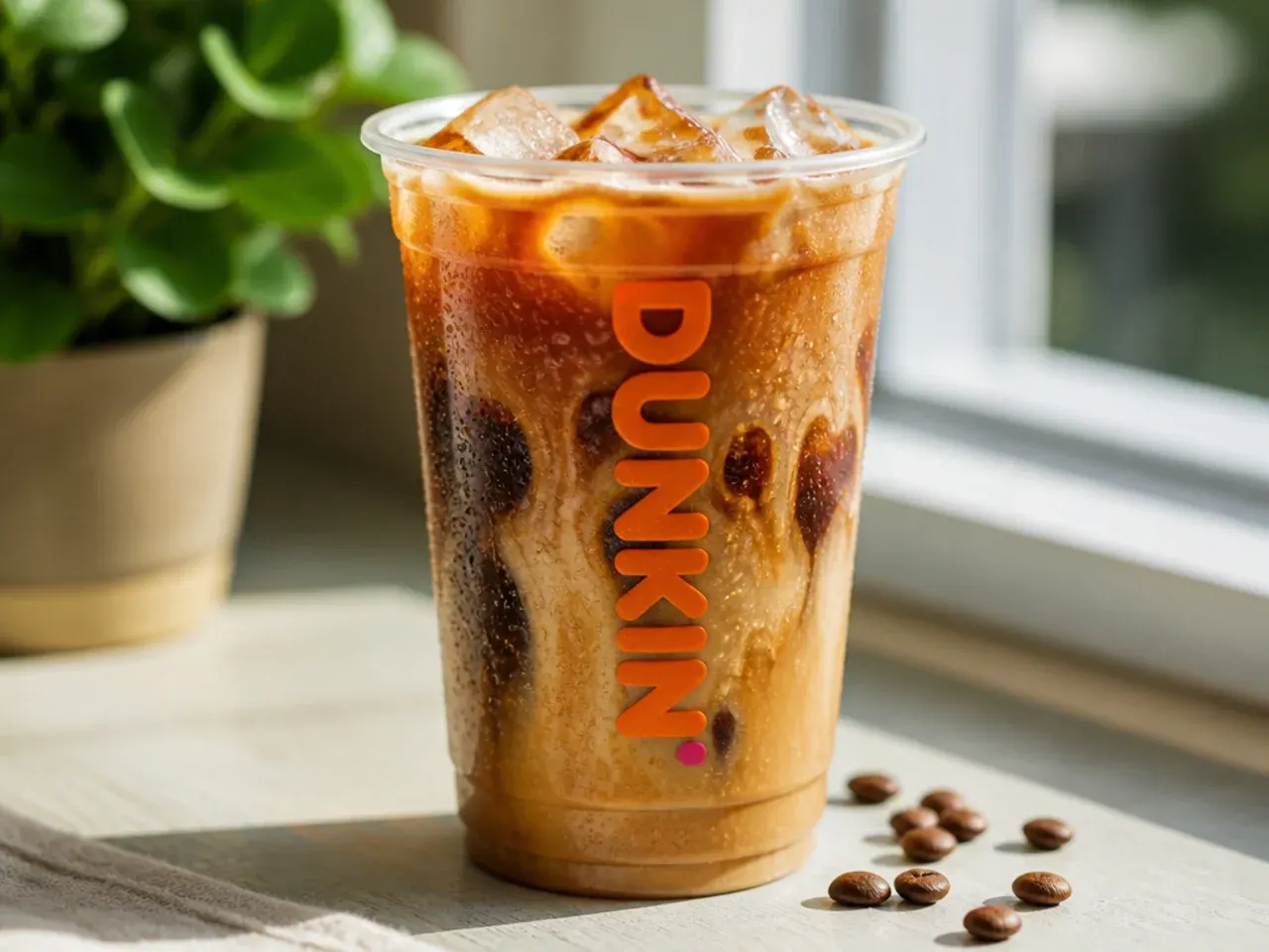 Overhead shot of ingredients for sugar free Dunkin-style drinks including coffee, milk, sweetener and ice