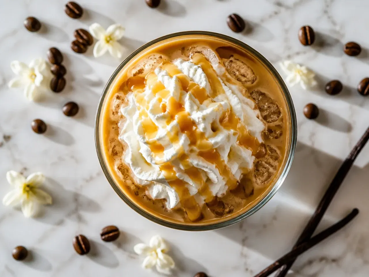 Iced sugar free vanilla coffee in a tall glass with condensation, milk swirled through it