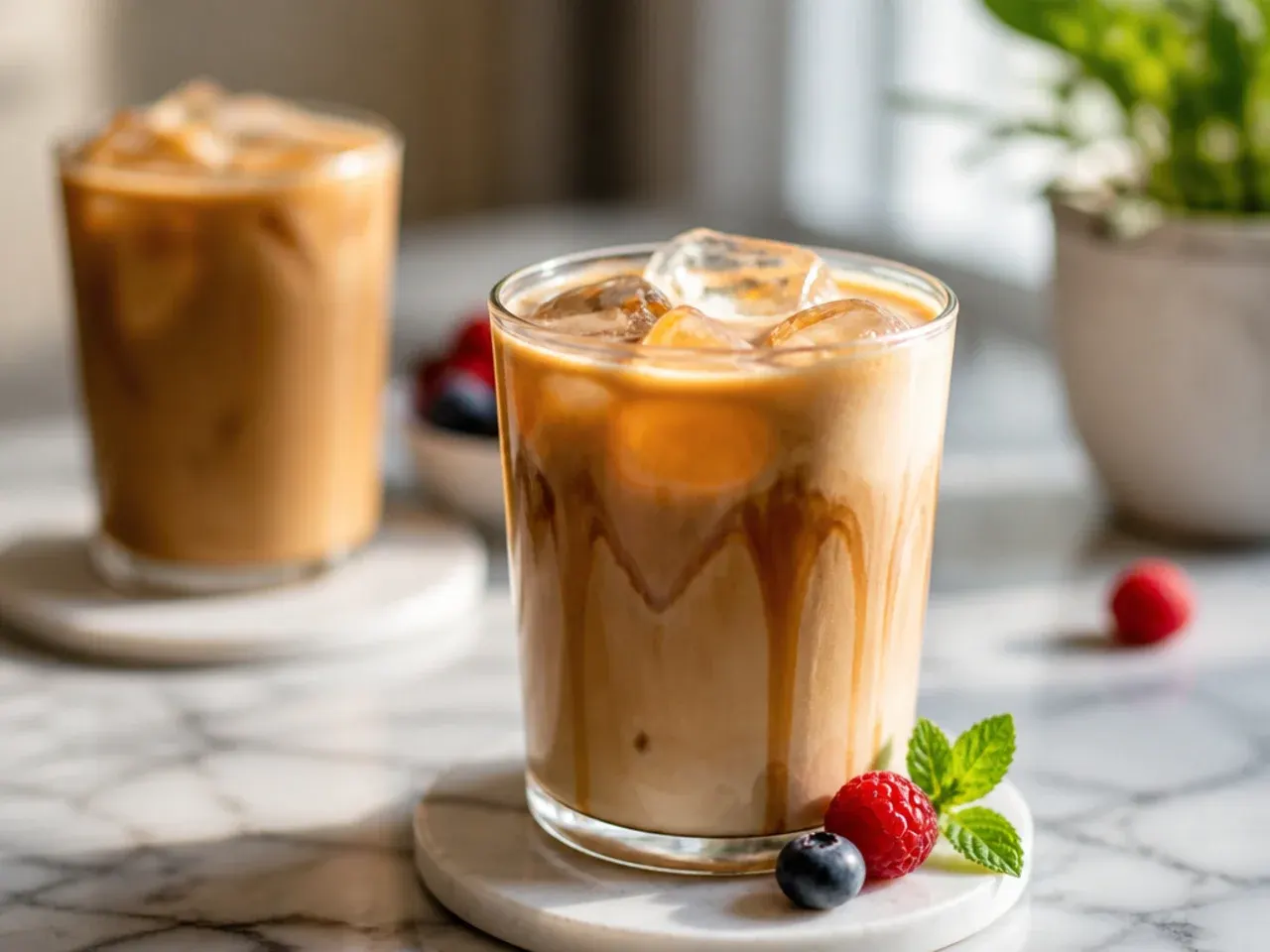 Hot sugar free caramel latte in a ceramic mug with light microfoam on top