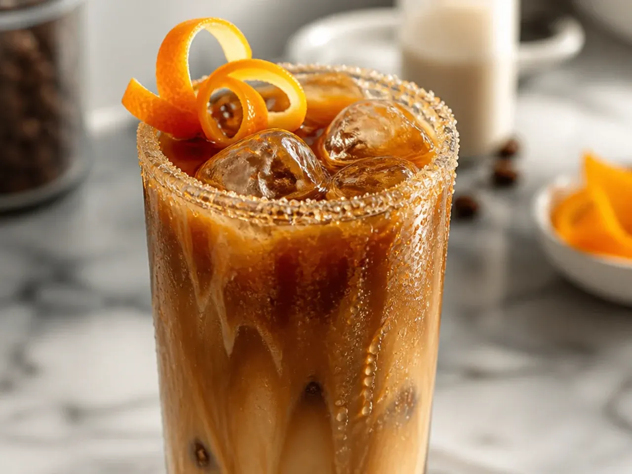 Iced hazelnut coffee in a glass with ice cubes and a light brown hue