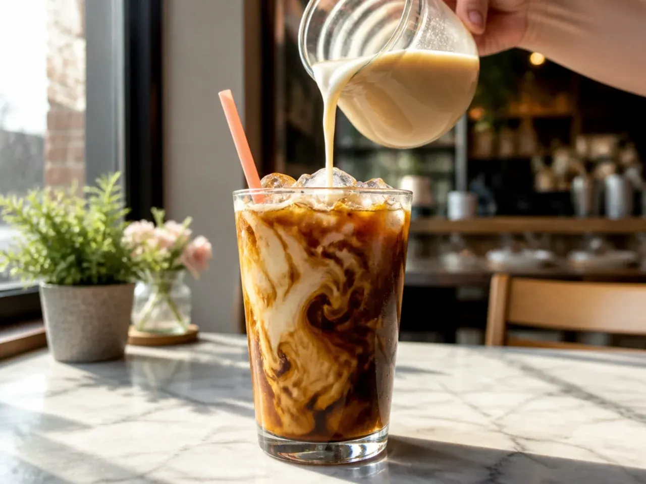 Creamy coconut cold brew in a mason jar with visible coconut milk swirl