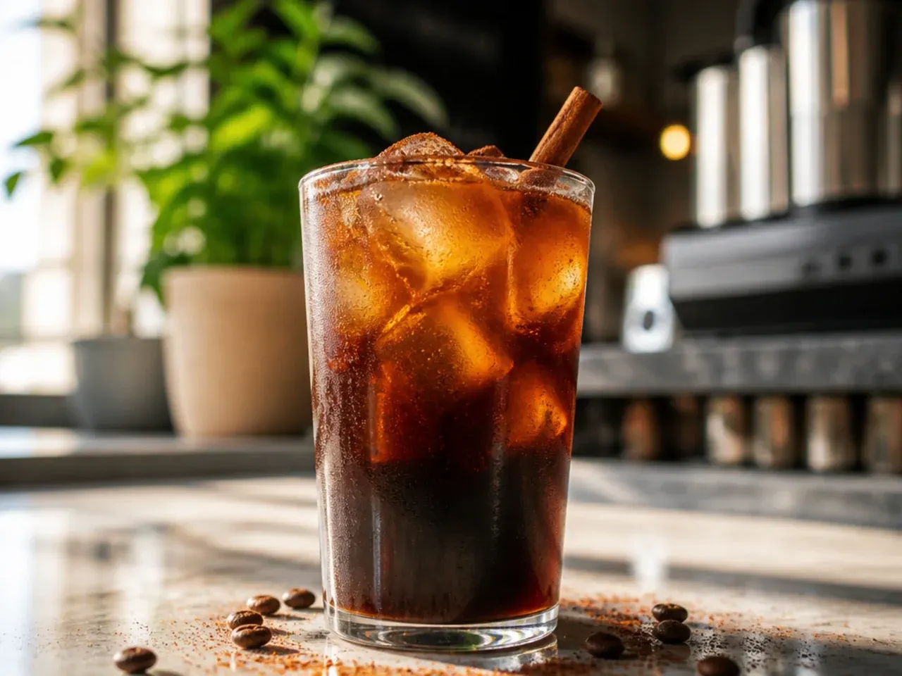 Iced americano in a clear glass with a lemon twist garnish