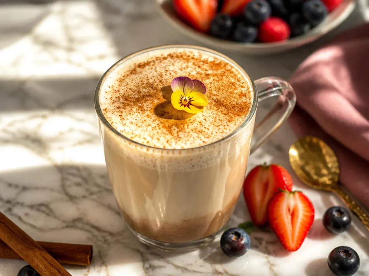 Cinnamon sugar free latte in a mug with a cinnamon dusting on the foam