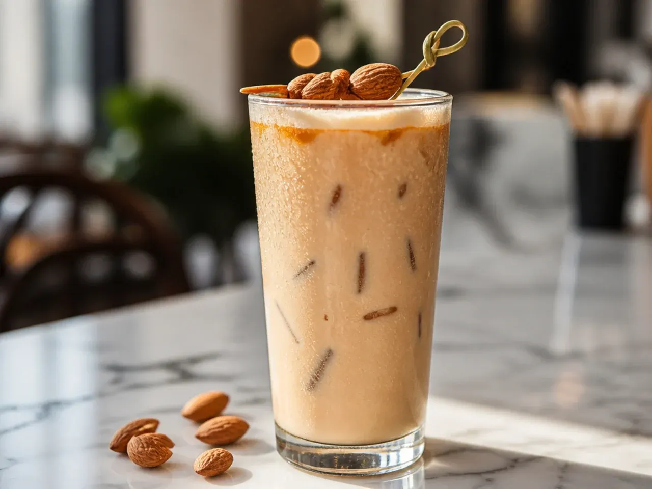 Toasted almond latte in a glass mug with light foam and almond slivers on the saucer
