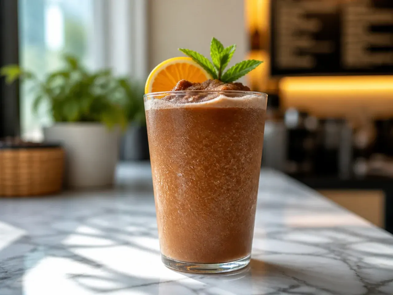 Frozen sugar free mocha coolatta in a glass with a straw, chocolate drizzle visible