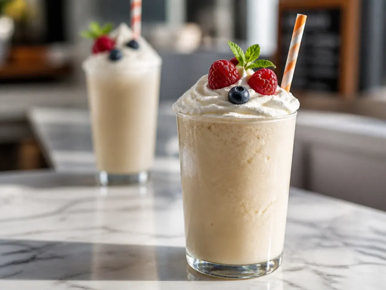 Blended sugar free vanilla frappe in a tall glass topped with whipped cream