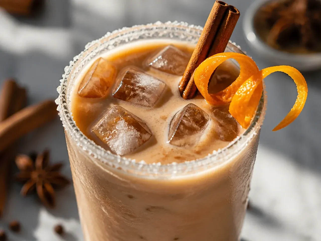 Spiced sugar free chai latte in a mug with visible spice flecks on the foam