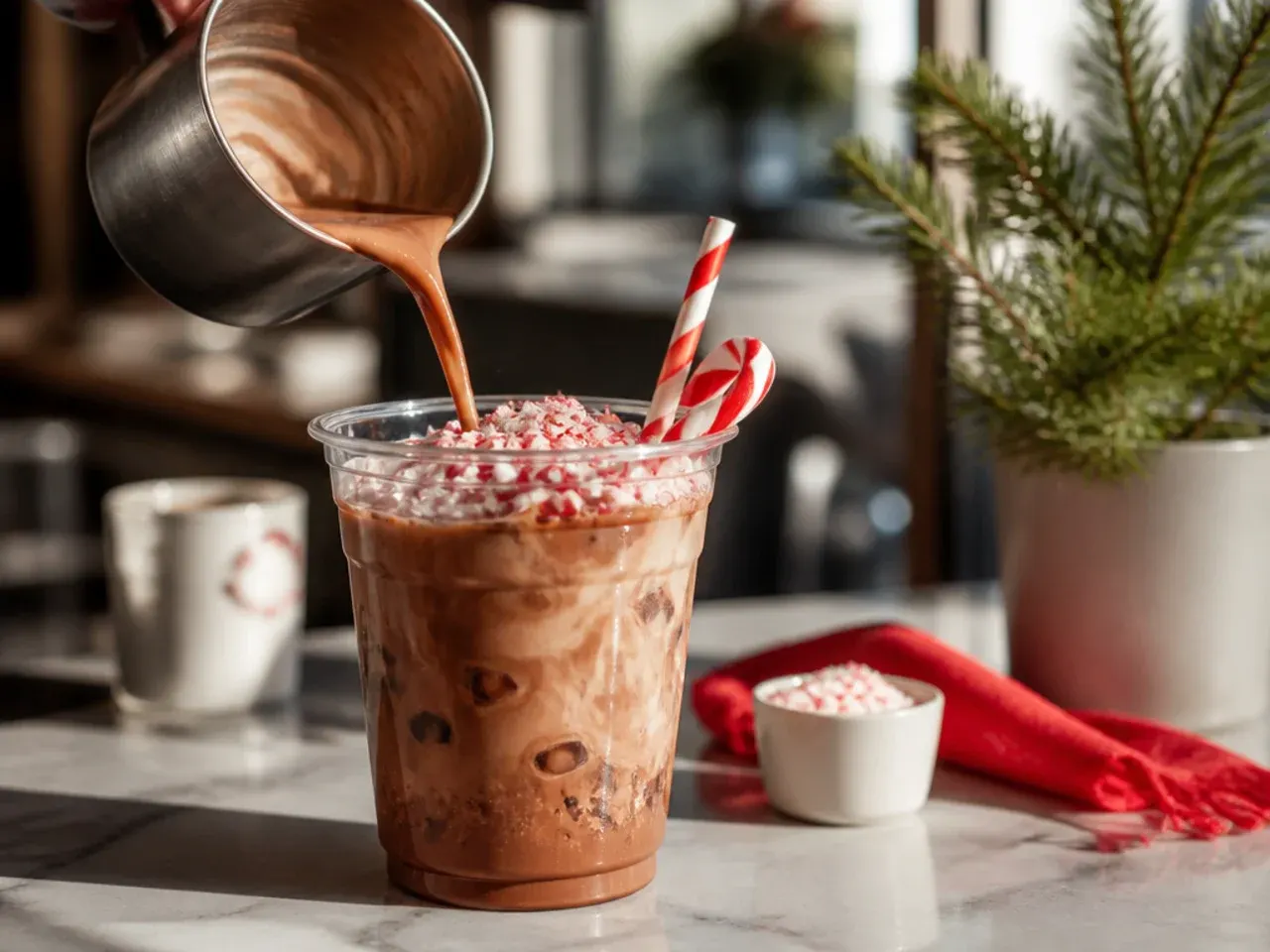 Festive sugar free peppermint mocha in a mug with crushed peppermint candy on top