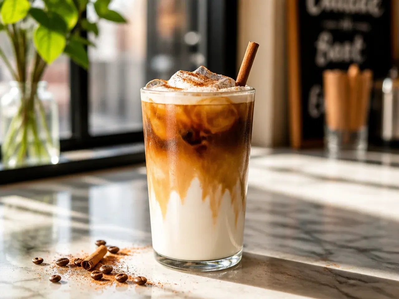 Layered sugar free caramel macchiato showing distinct milk, coffee and caramel layers