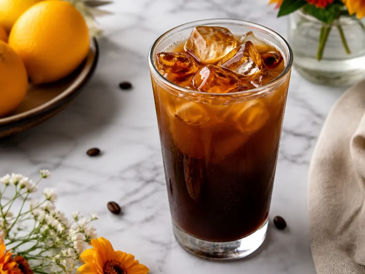 Bold sugar free espresso cold brew in a glass with a dark, rich colour