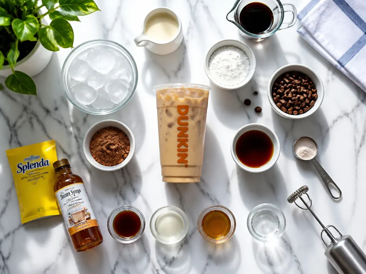 Close-up of hands stirring sugar free syrup into iced coffee with a long spoon