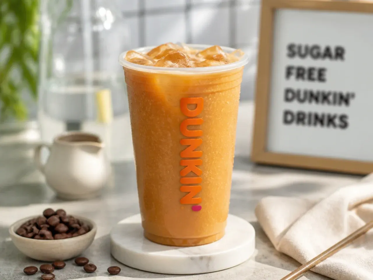 Sugar free iced coffee garnished with a cinnamon stick and light whipped cream