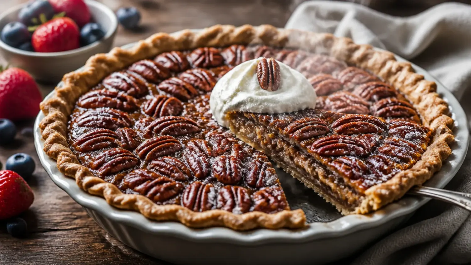 Sliced sugar free pecan pie on a white plate, showing the glossy caramel filling studded with toasted pecan halves