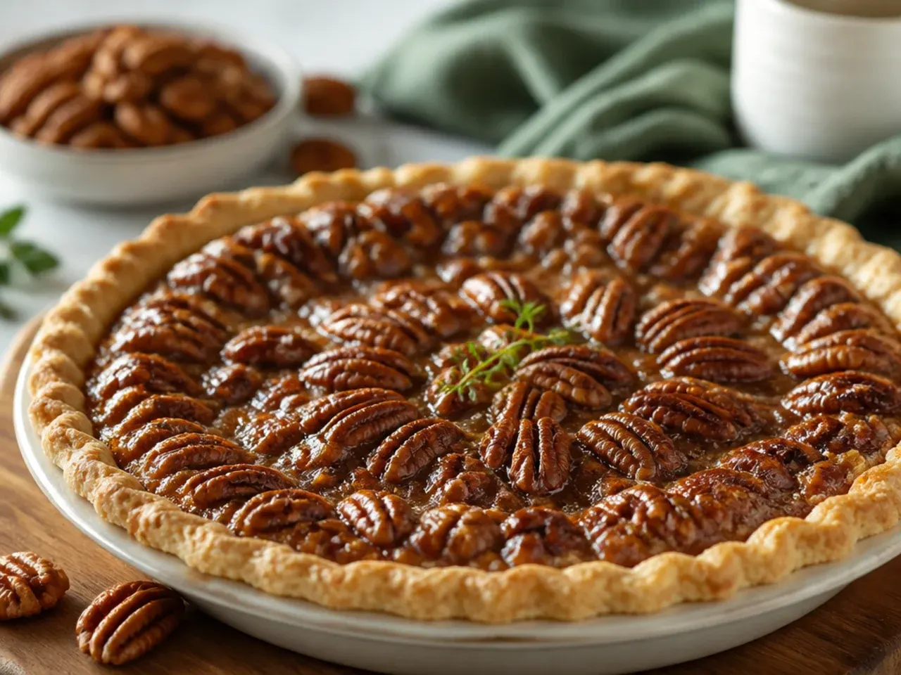 Overhead spread of several sugar free pecan pie variations on a wooden table