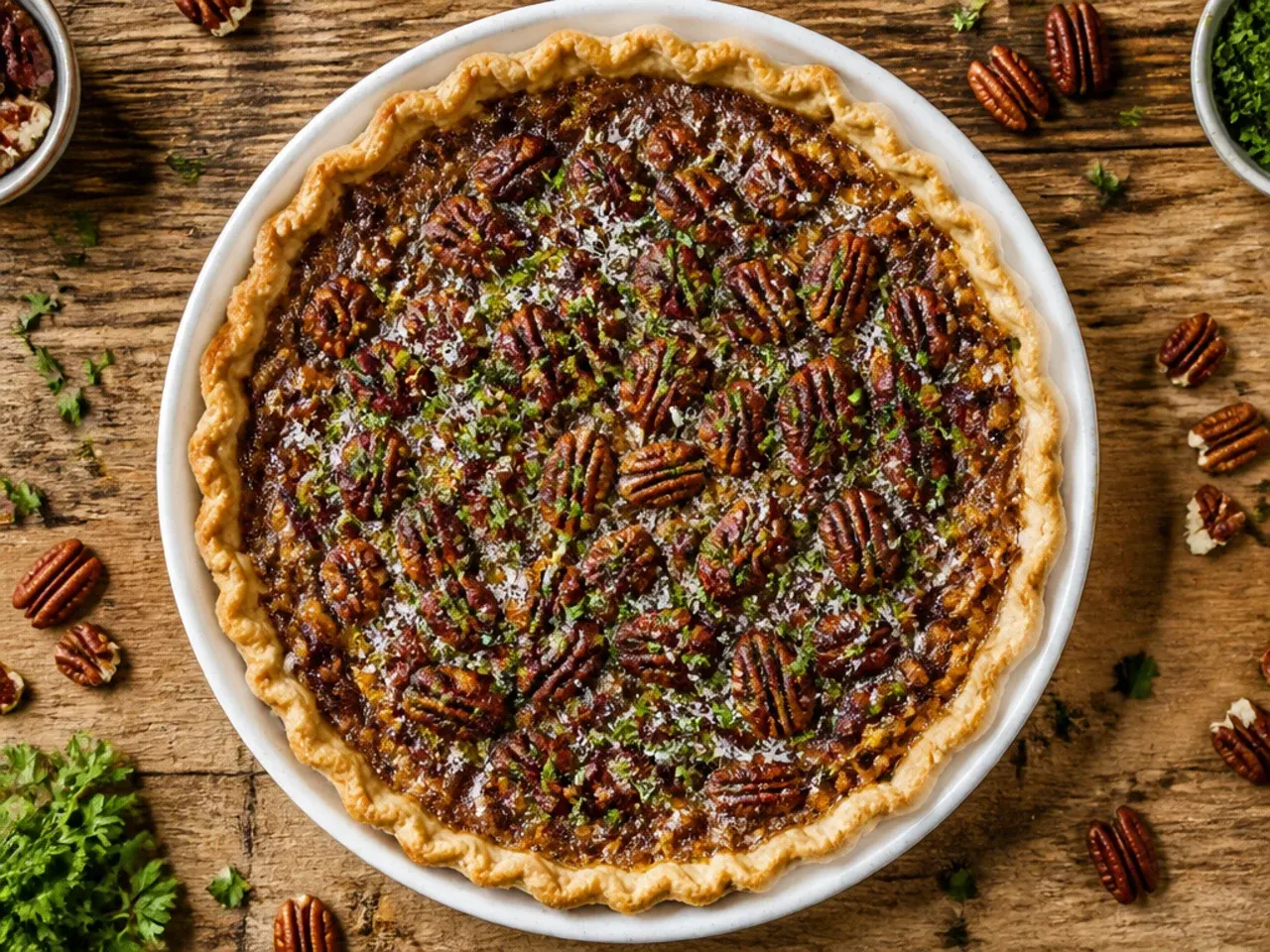 Whole classic sugar free pecan pie fresh out of the oven with a glossy caramel top