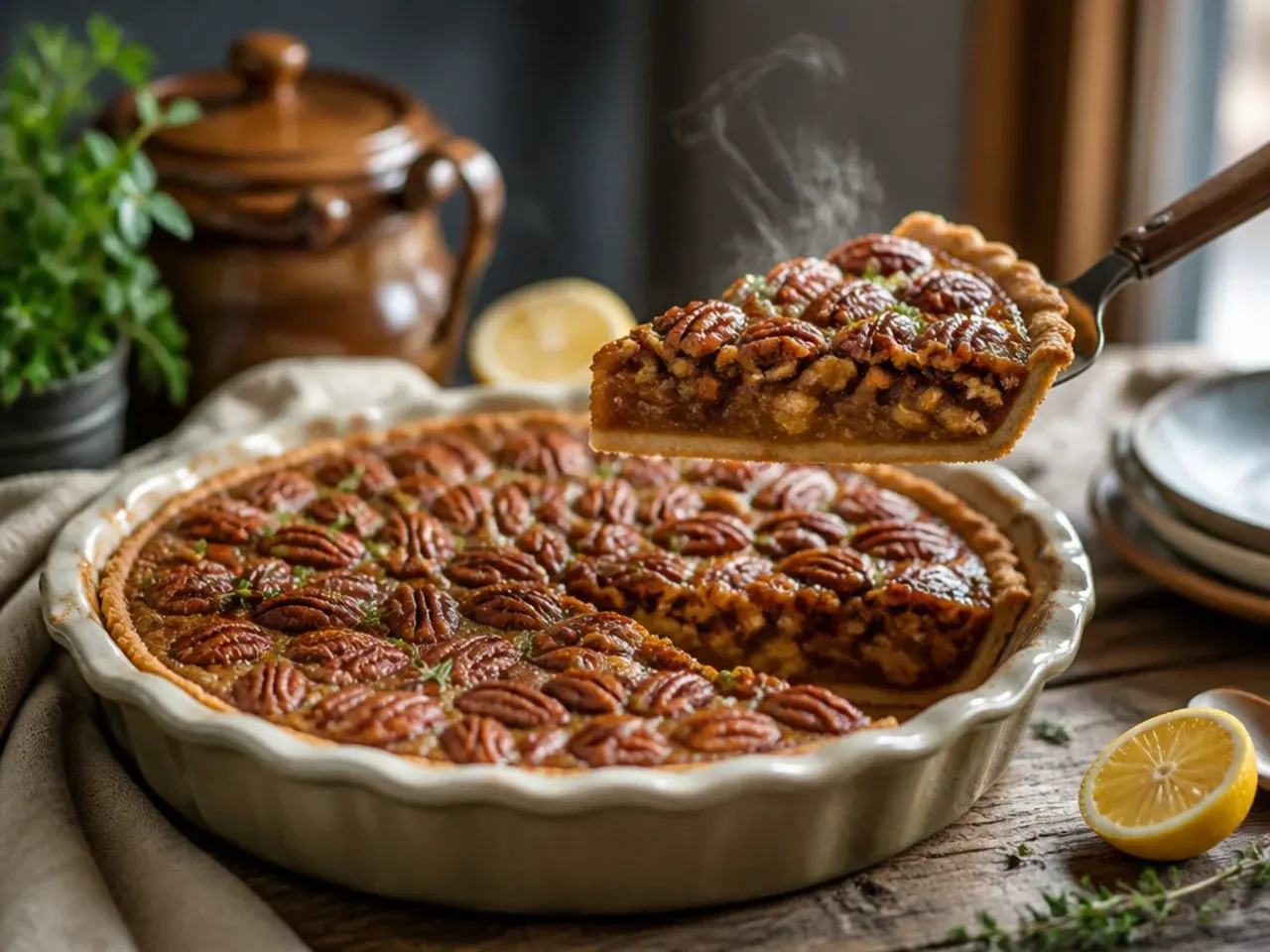 Warm spiced sugar free pecan pie with a cinnamon stick garnish on a rustic table
