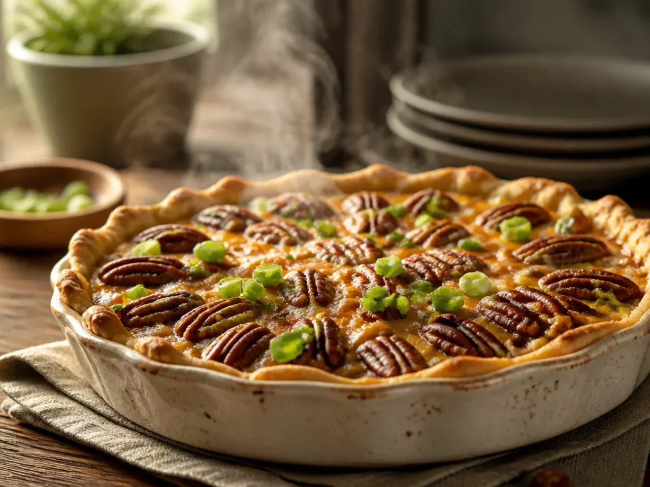 Cross-section of creamy sugar free pecan pie showing a cream cheese swirl through the filling