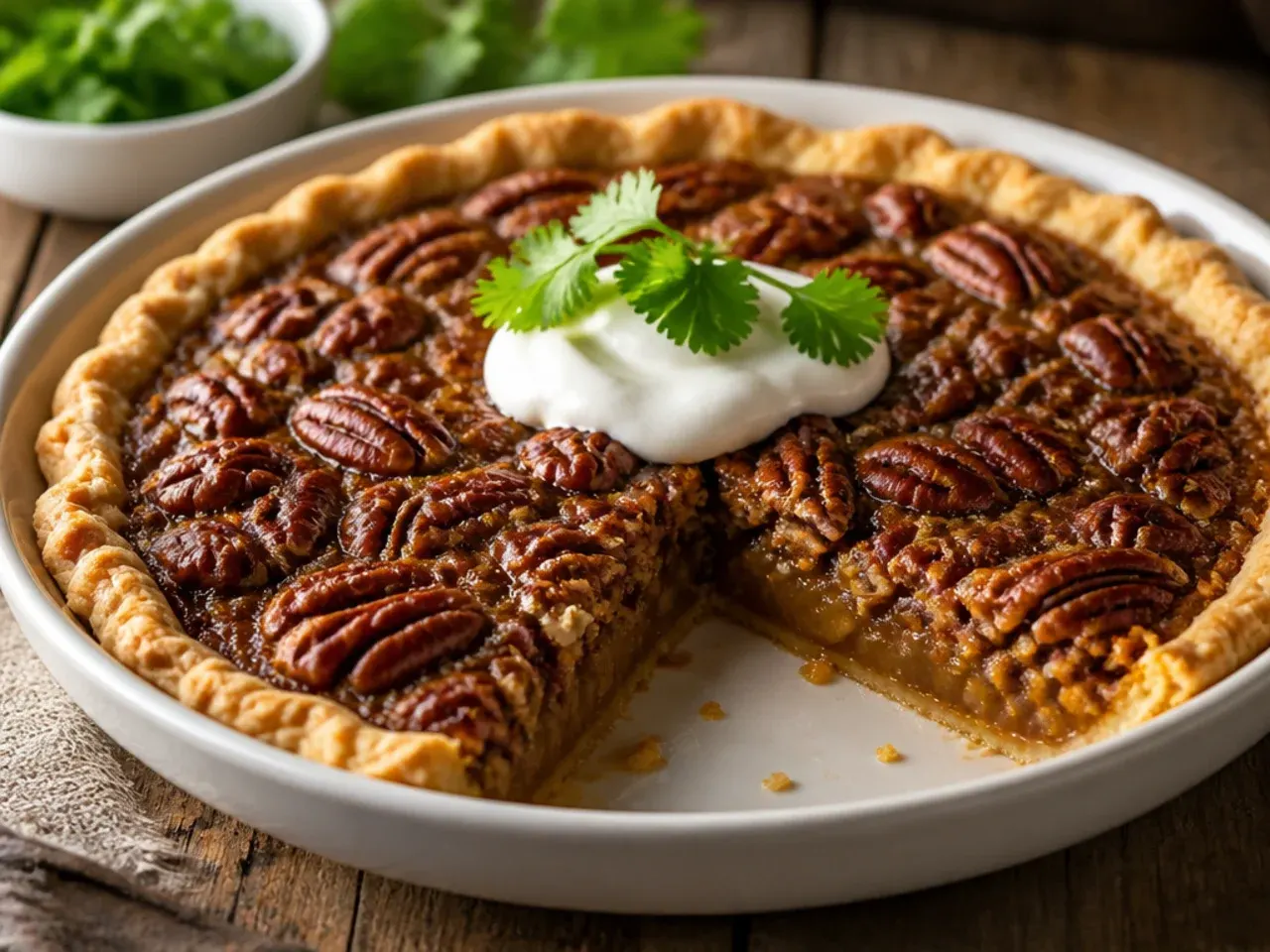 Bourbon-spiked sugar free pecan pie with a glass of bourbon beside it