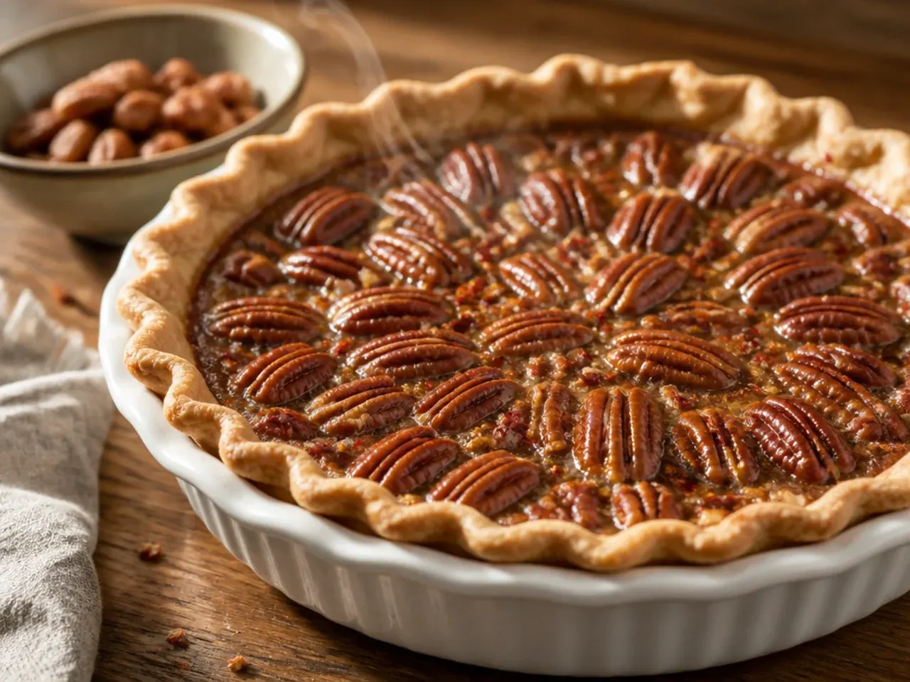 Small shallow sugar free pecan pie in an 8-inch tin ready for a weeknight dessert