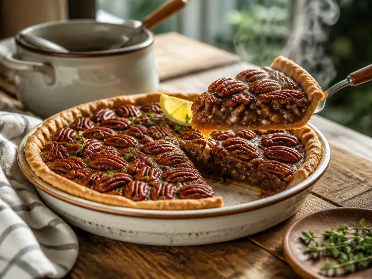 Loaded sugar free pecan pie slice with melted chocolate pockets visible
