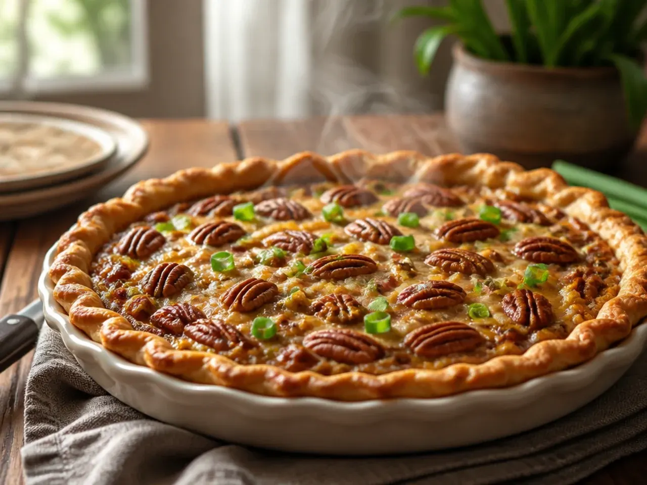 Traybake sugar free pecan pie cut into bars for a family gathering