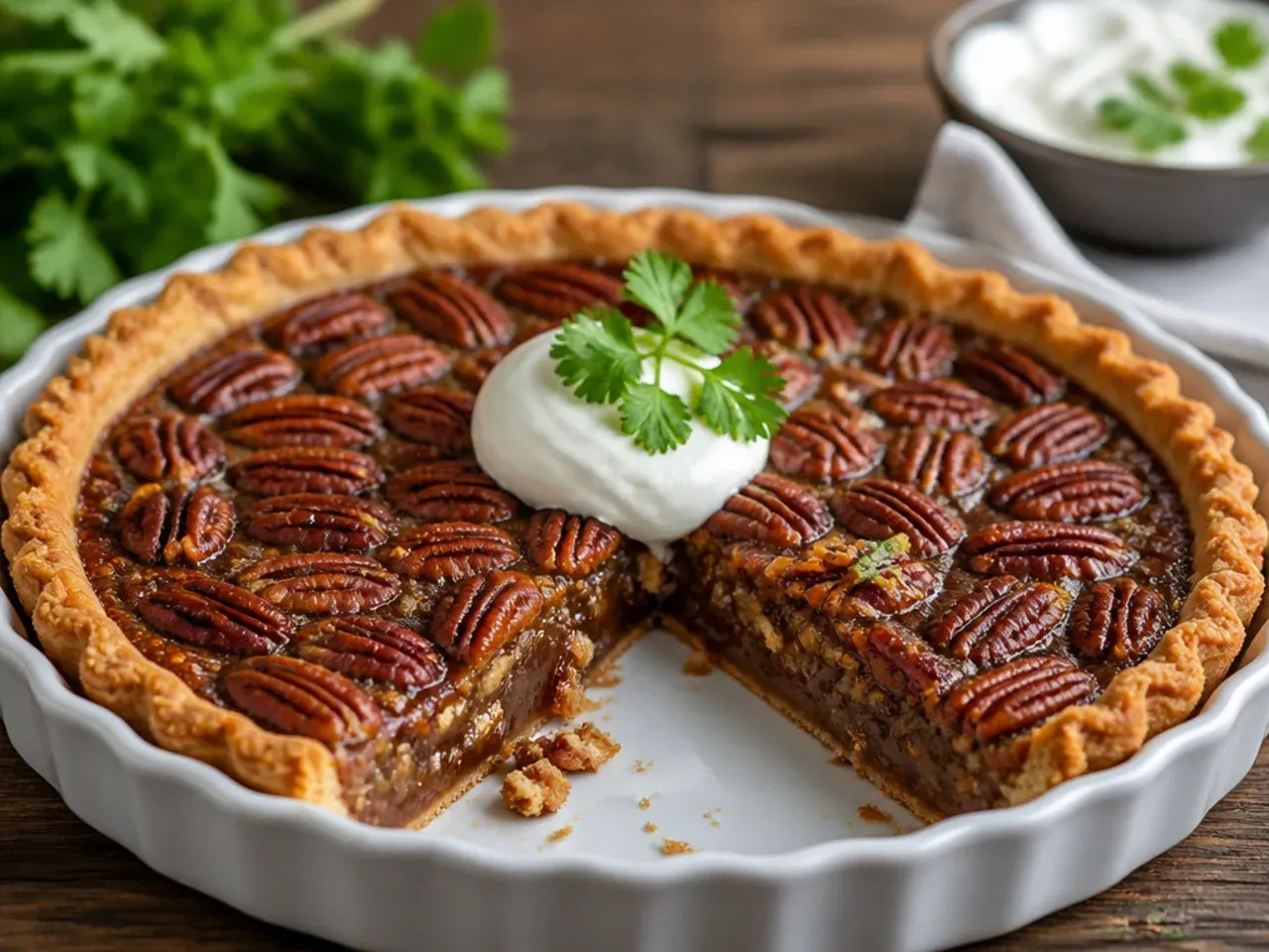 No-bake quick sugar free pecan pie chilling in the refrigerator