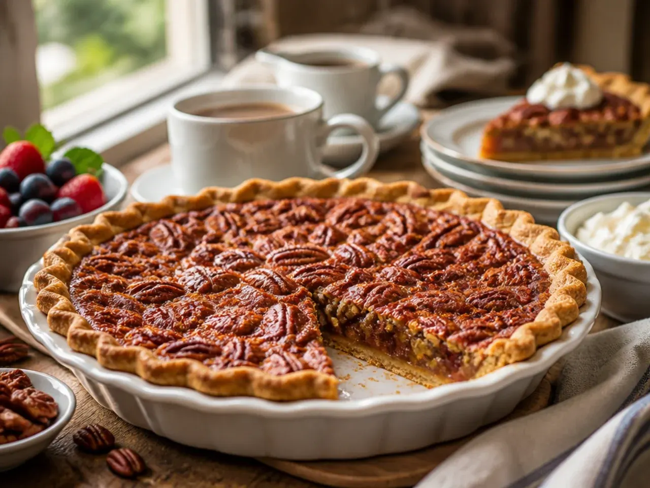 Slice of sugar free pecan pie served with whipped cream and fresh berries