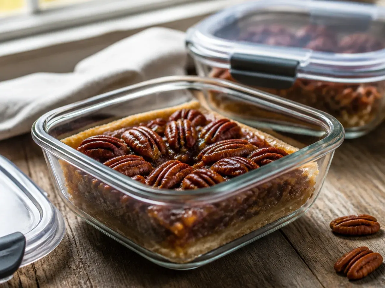 Sugar free pecan pie slices wrapped for storage next to a fridge