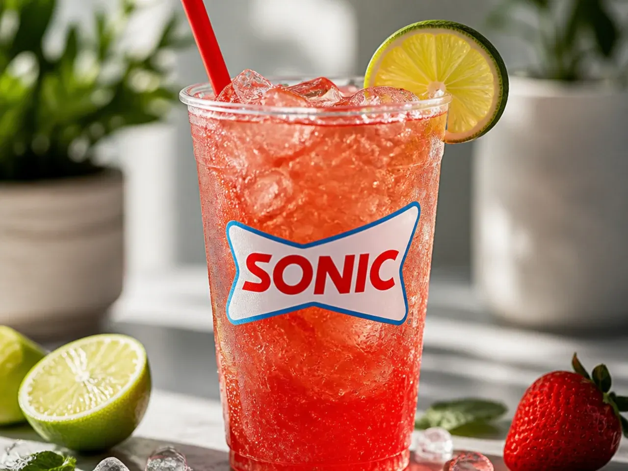 Overhead shot of ingredients for sugar free Sonic drinks including diet soda cans, sugar-free syrup bottles and a jug of cream
