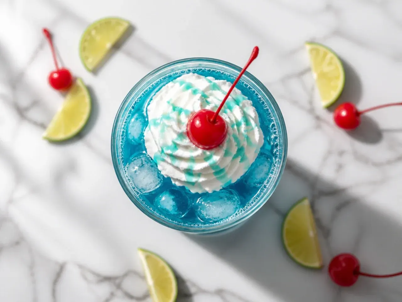 Blue-tinted sugar free Ocean Water drink in a clear glass topped with a swirl of sweet cream and a lime wedge