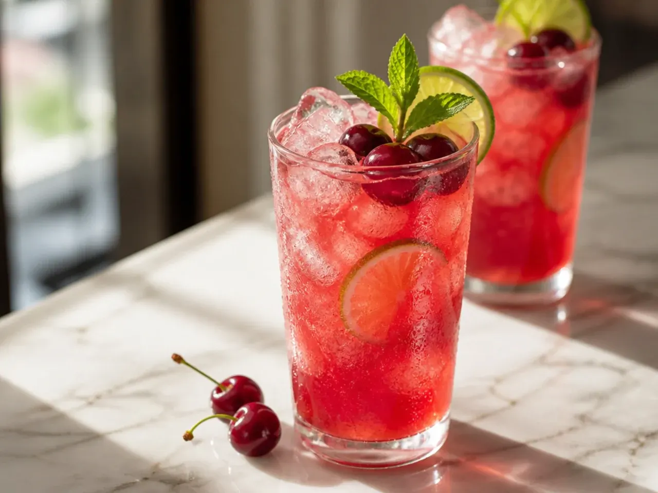 Sugar free cherry limeade in a tall glass with lime wedges and fresh cherries on the rim