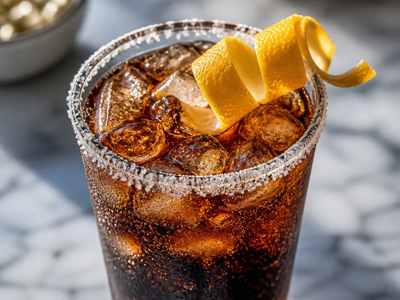 Glass of sugar free vanilla Coke with ice and a straw next to a bottle of sugar-free vanilla syrup