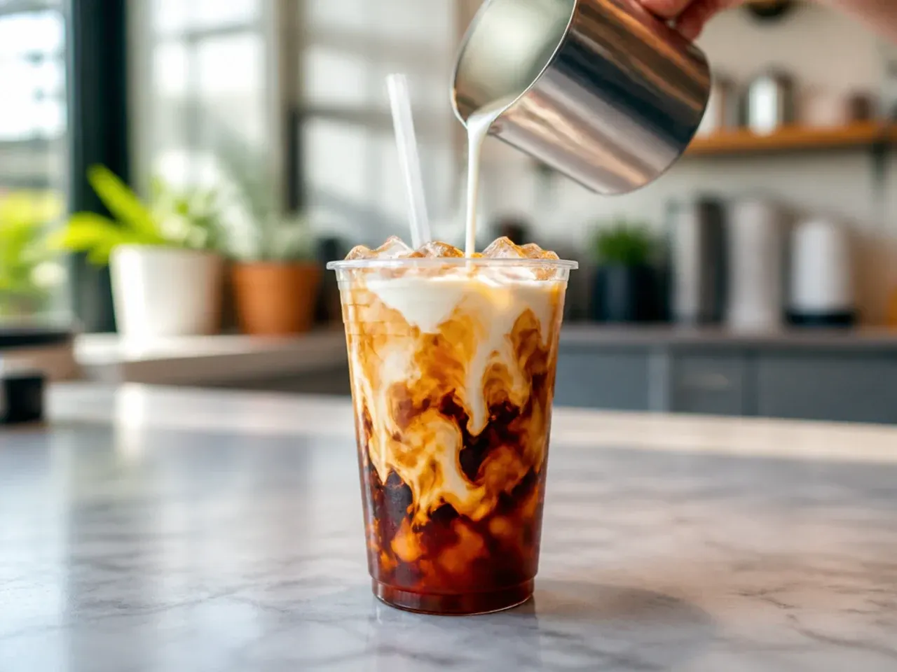 Sugar free sweet cream cold brew coffee in a glass showing marbled cream against dark coffee