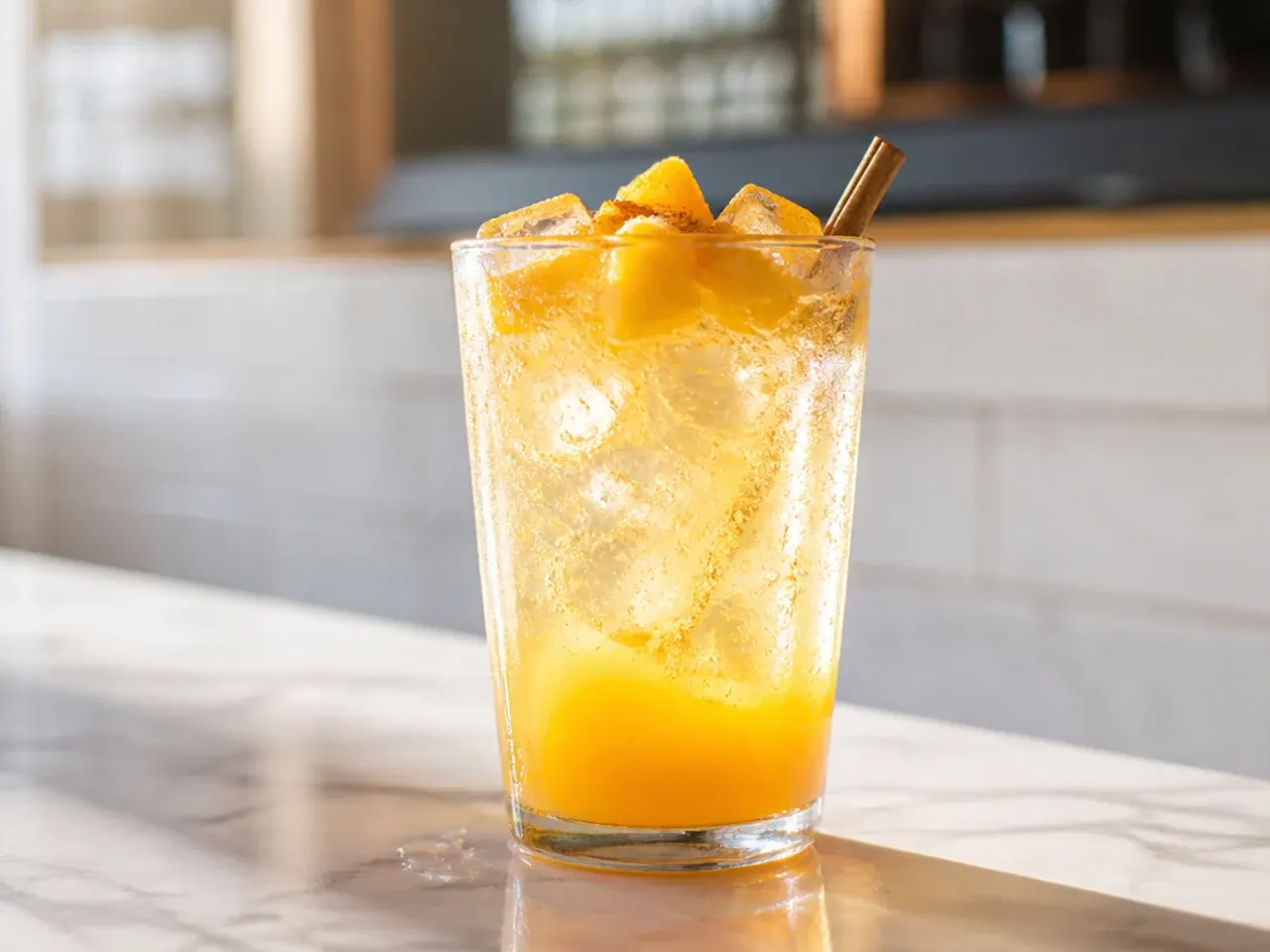 Sugar free mango coconut sparkler in a glass with frozen strawberry pieces floating on top