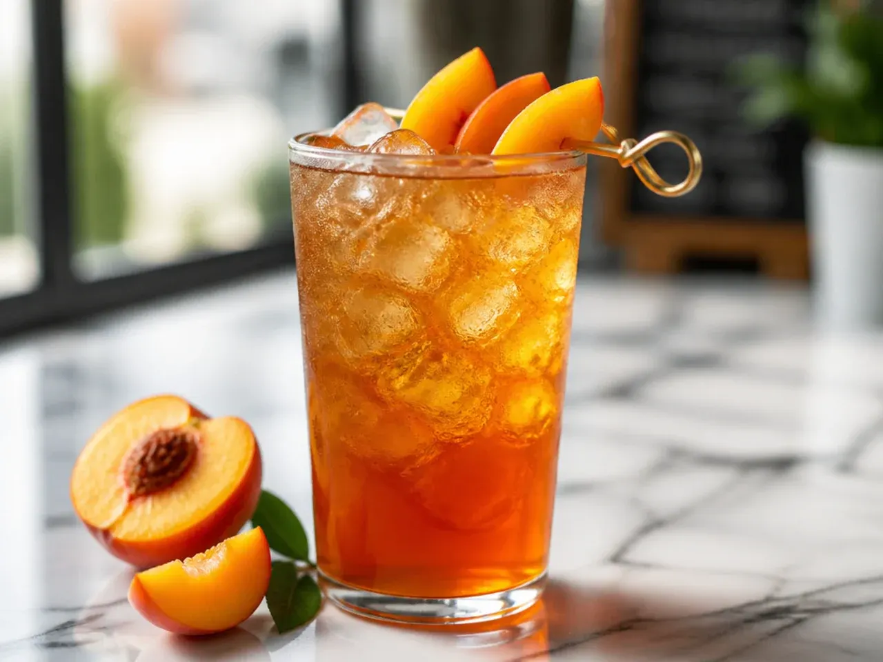 Sugar free peach iced tea in a glass with fresh peach slices and a lemon wedge on the rim
