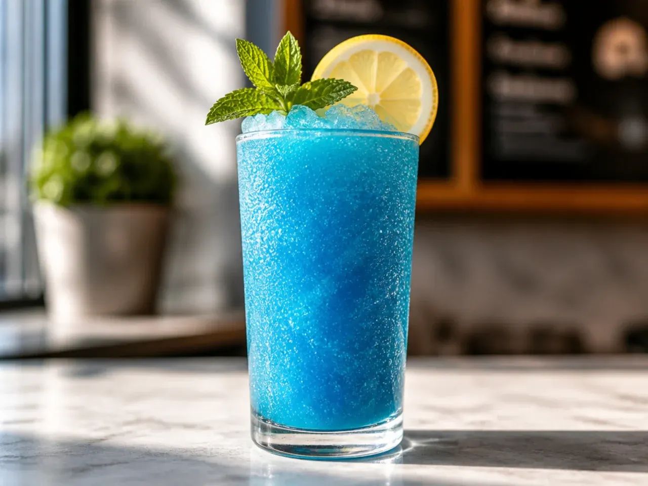 Bright blue frozen sugar free raspberry slush in a plastic cup with a spoon straw