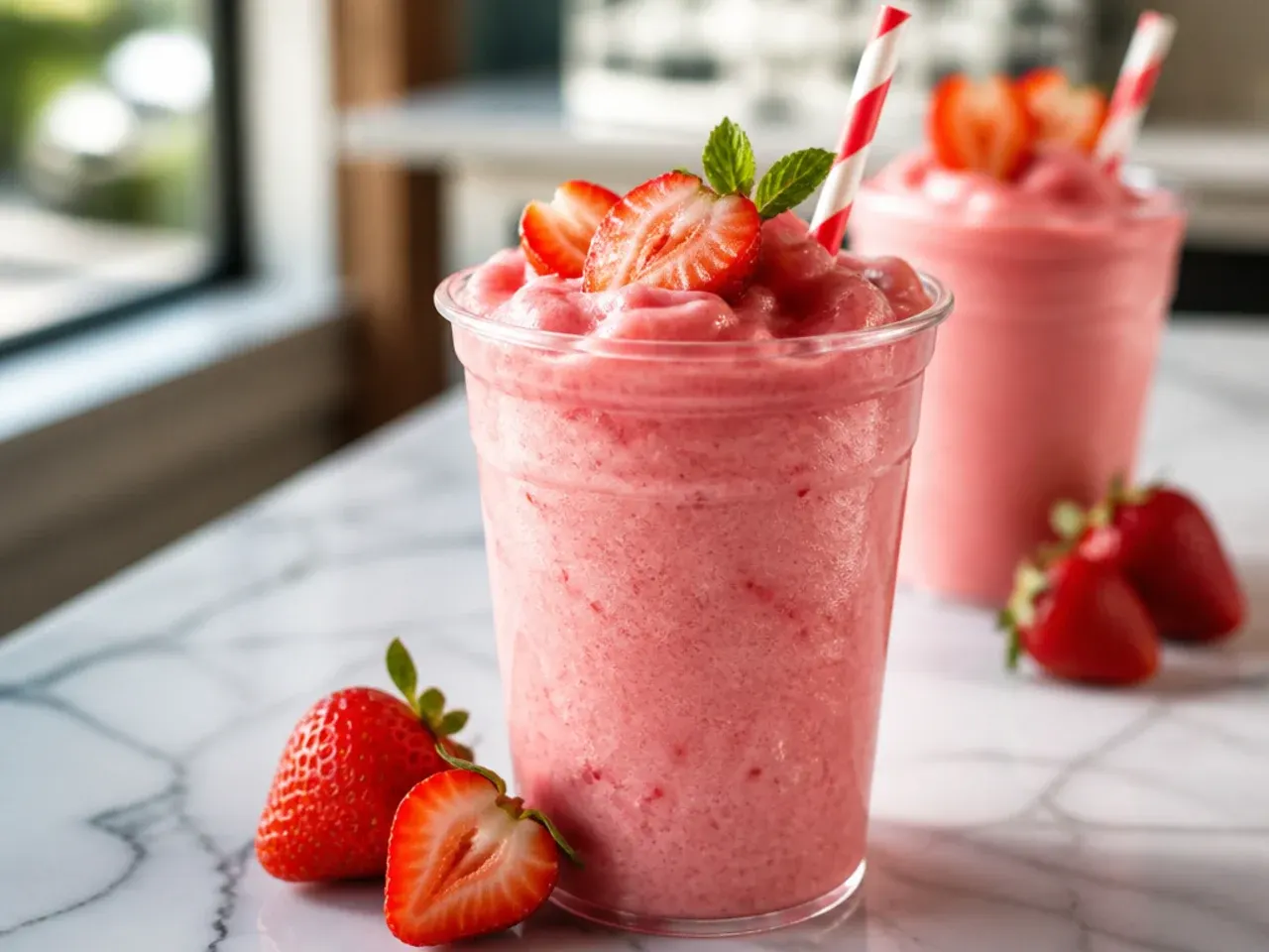 Pink sugar free strawberry cream slush in a glass topped with a swirl of white sweet cream